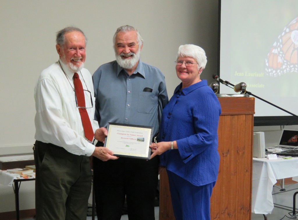 Howard Clifford (centre) is awarded the 2015 MVFN Champion for Nature Award; presented by friend and land trust co-board member Mary Vandenhoff and MVFN President Cliff Bennett. Pauline Donaldson